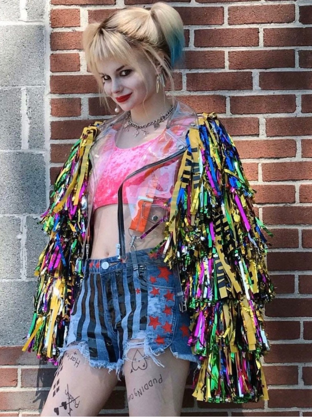 Birds of Prey Harley Quinn Caution Tassel Transparent Cosplay Jacket Costume S/M